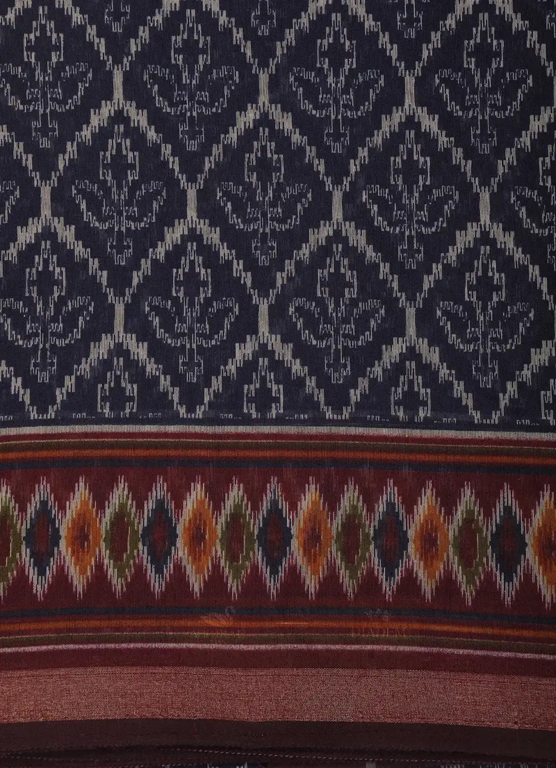 Deep Indigo Blue Ikat Woven Design Mixed Cotton Saree With Multicolour Border 2