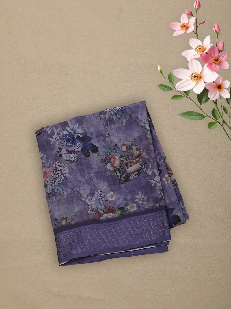 Deep Lavender Purple Floral Printed Design Chiffon Saree With Self Border 1