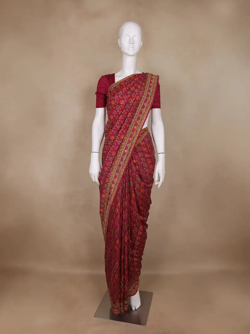 Deep Magenta Floral Designed Chanderi Cotton Saree 1