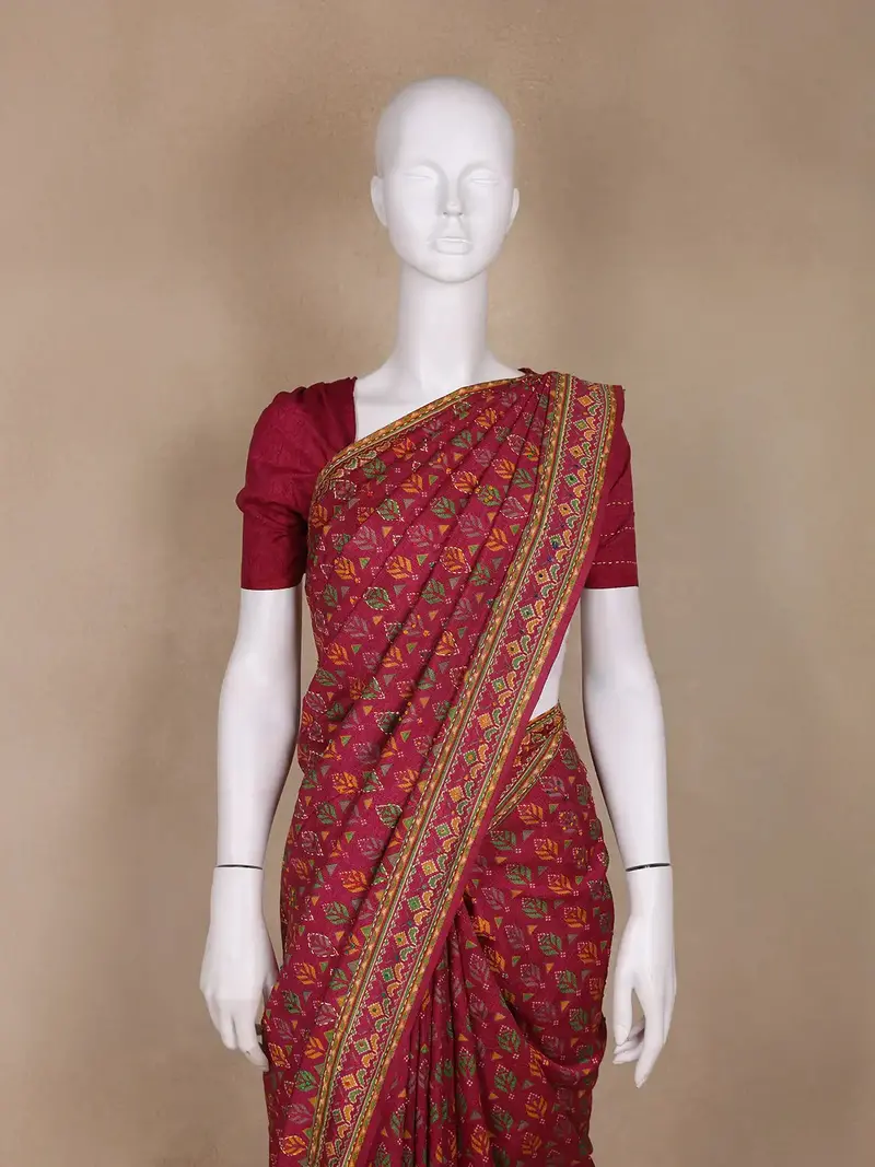 Deep Magenta Floral Designed Chanderi Cotton Saree 2