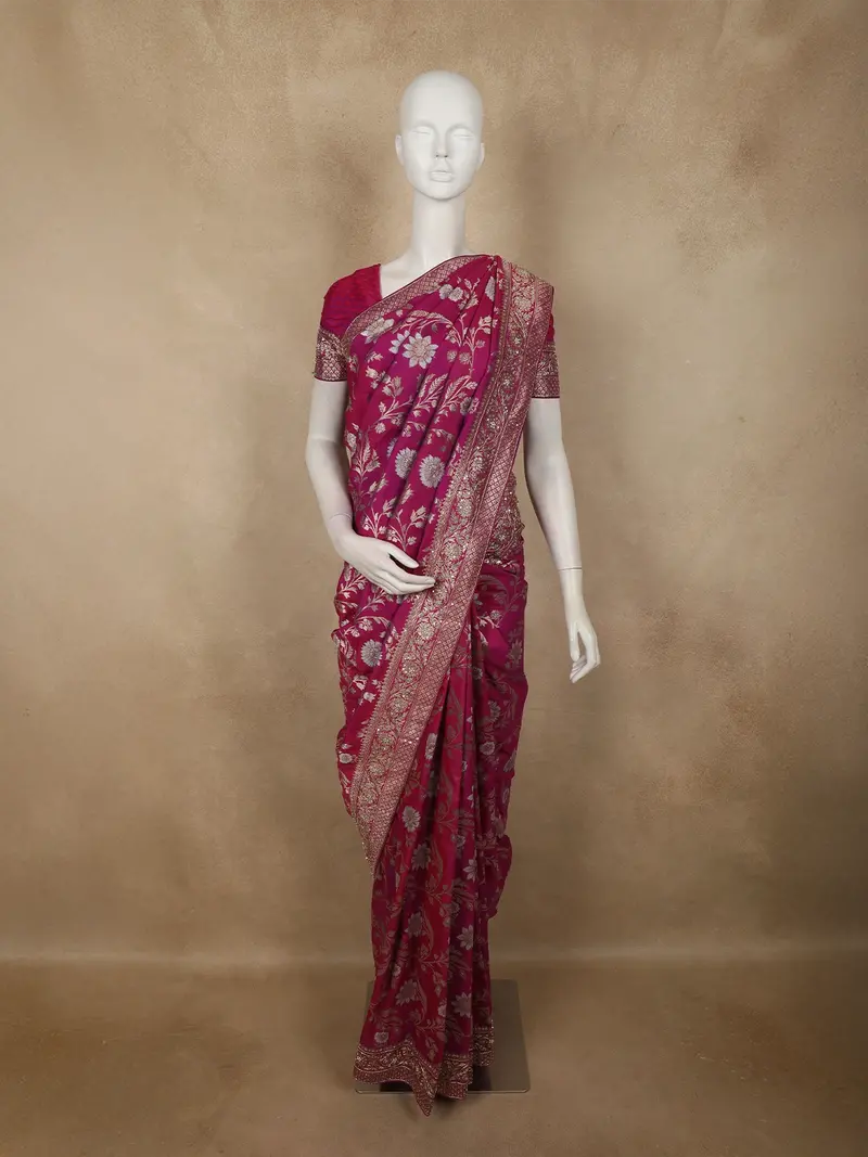 Deep Magenta Floral Zari Woven Design Pure Banarasi Silk Designer Saree With Zardozi Work Border 1