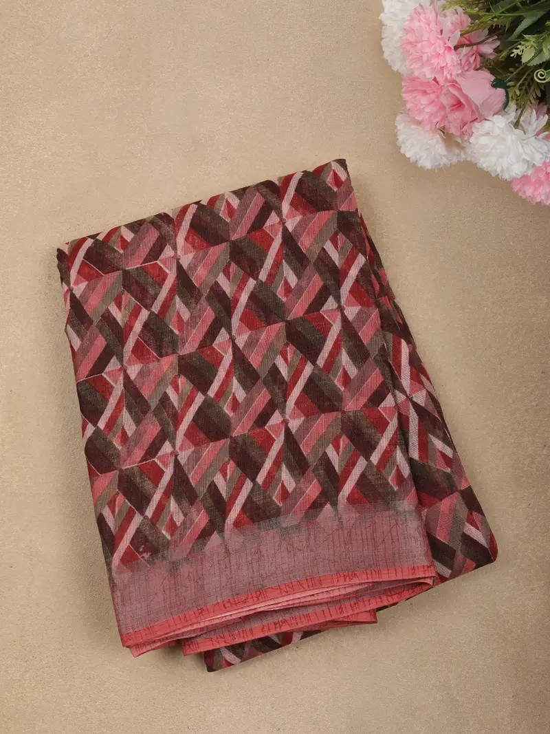 Deep Maroon Abstract Printed Design Linen Cotton Casual Wear Saree 1