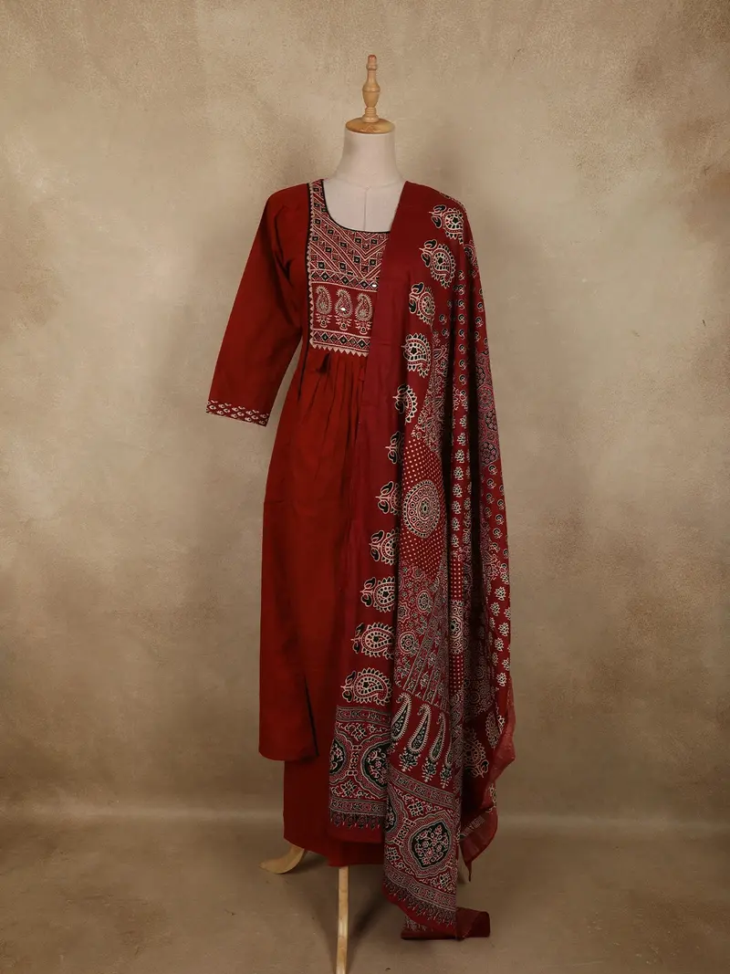 Deep Maroon Ajrakh Printed Design Cotton Salwar Suit With Dupatta 1