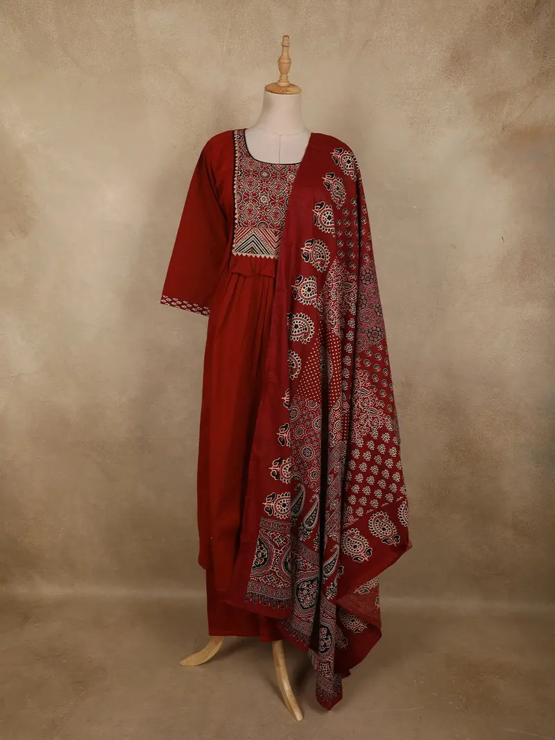 Deep Maroon Ajrakh Printed Design Cotton Salwar Suit With Dupatta 1