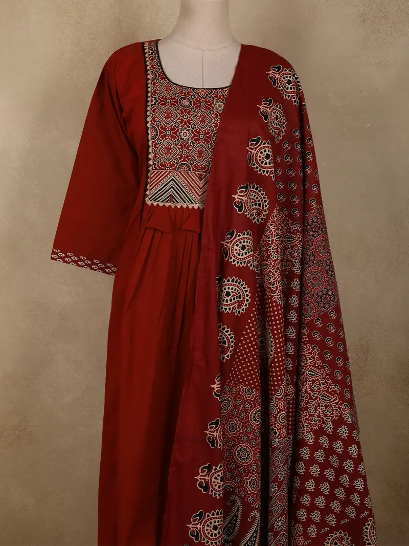 Deep Maroon Ajrakh Printed Design Cotton Salwar Suit With Dupatta 2