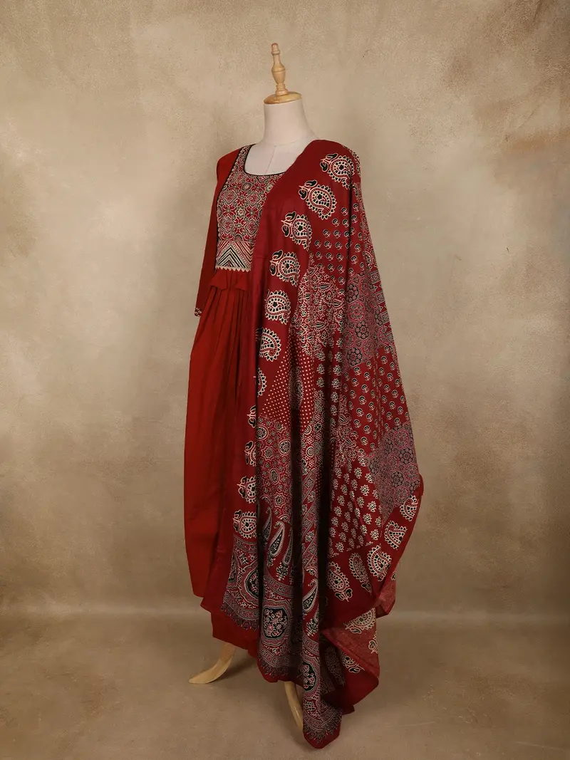 Deep Maroon Ajrakh Printed Design Cotton Salwar Suit With Dupatta 3