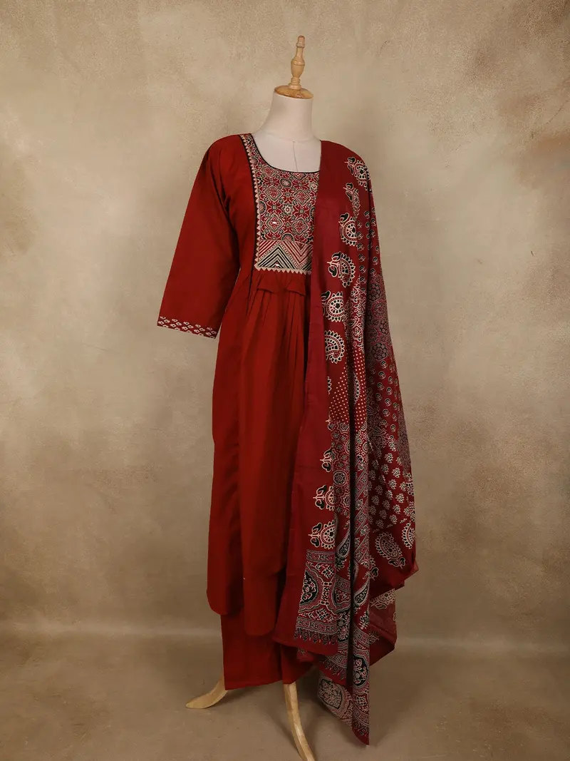 Deep Maroon Ajrakh Printed Design Cotton Salwar Suit With Dupatta 4