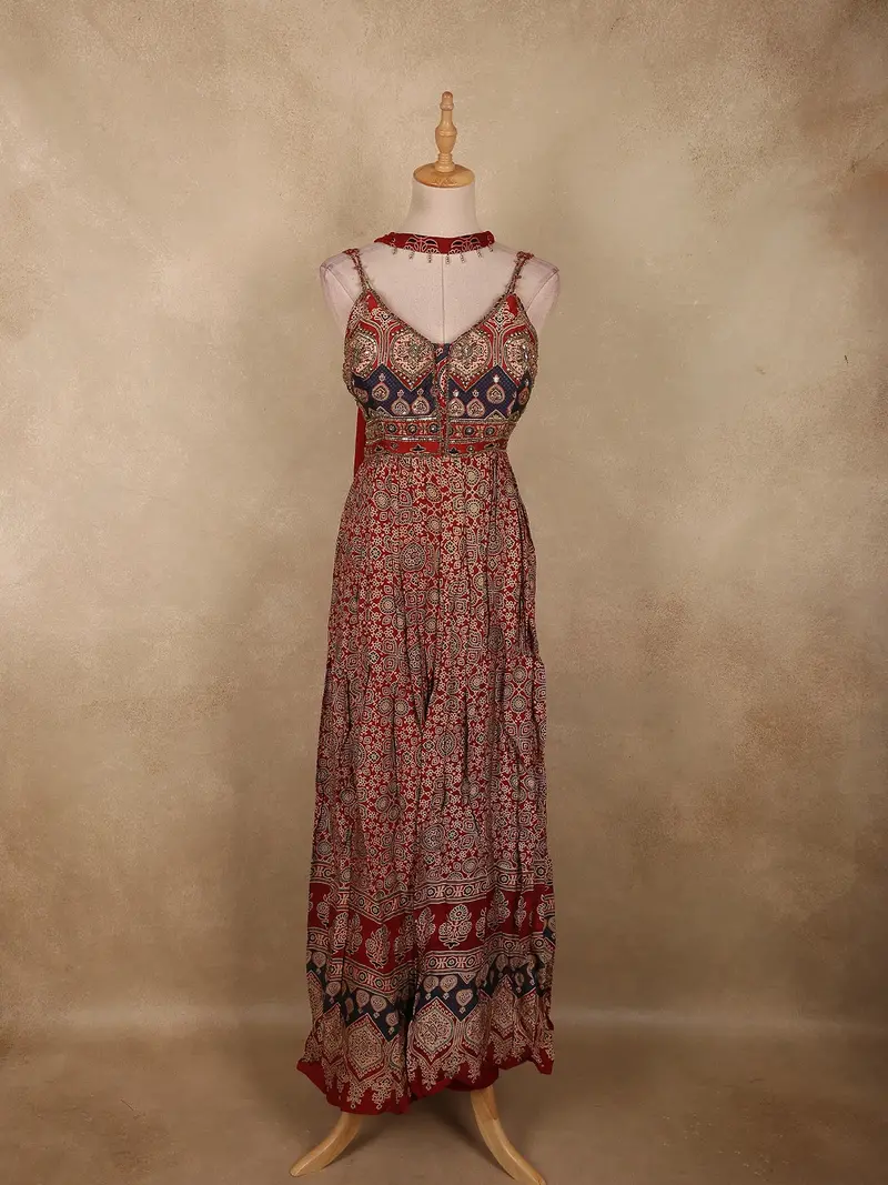 Deep Maroon Ajrakh Printed Design Crepe Palazzo Suit With Dupatta 1