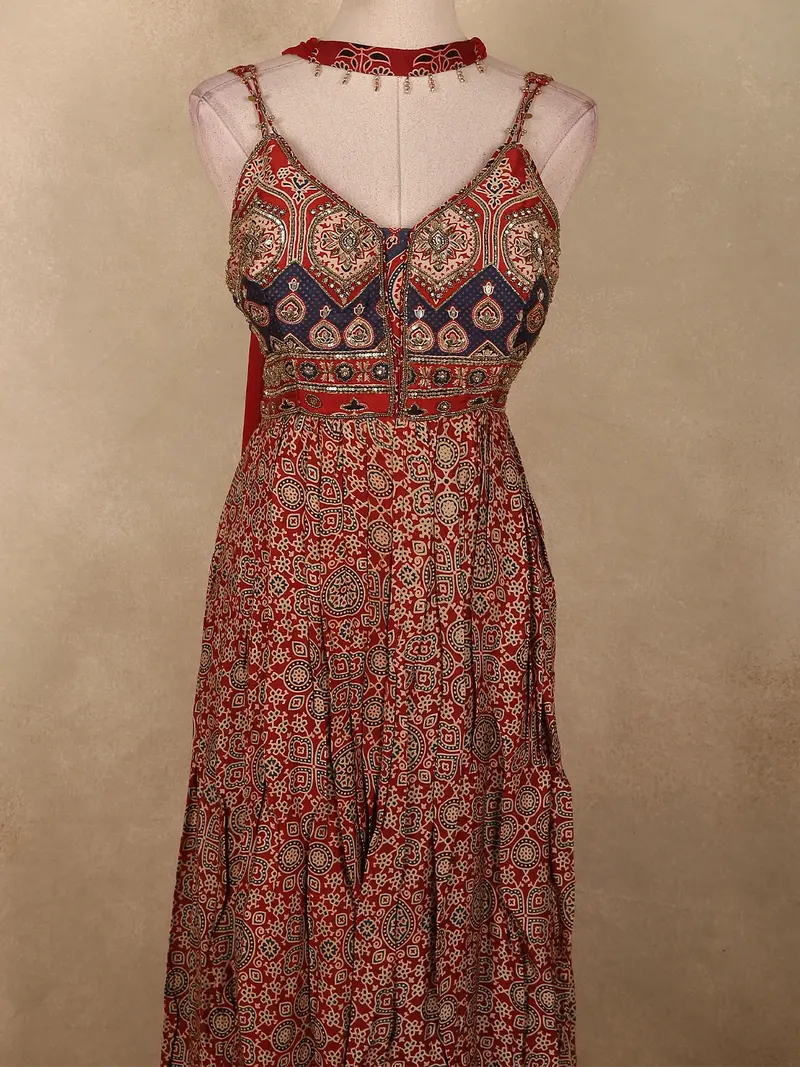 Deep Maroon Ajrakh Printed Design Crepe Palazzo Suit With Dupatta 2