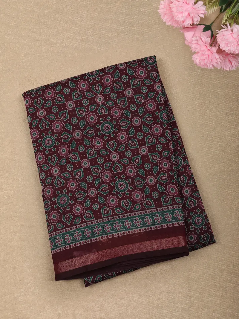 Deep Maroon Ajrakh Printed Design Mixed Cotton Saree With Zari Border 1