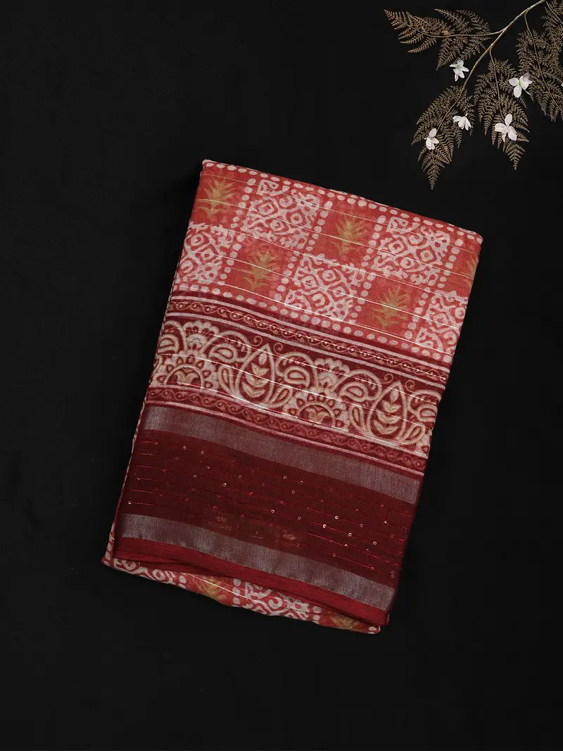 Deep Maroon Bandhani Printed Design Blended Cotton Saree 1