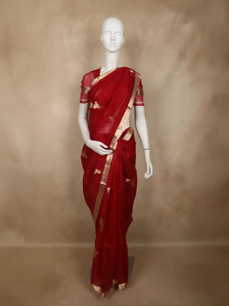 Deep Maroon Birds Butta Zari Woven Design Pure Organza Designer Saree With Zari Border 1
