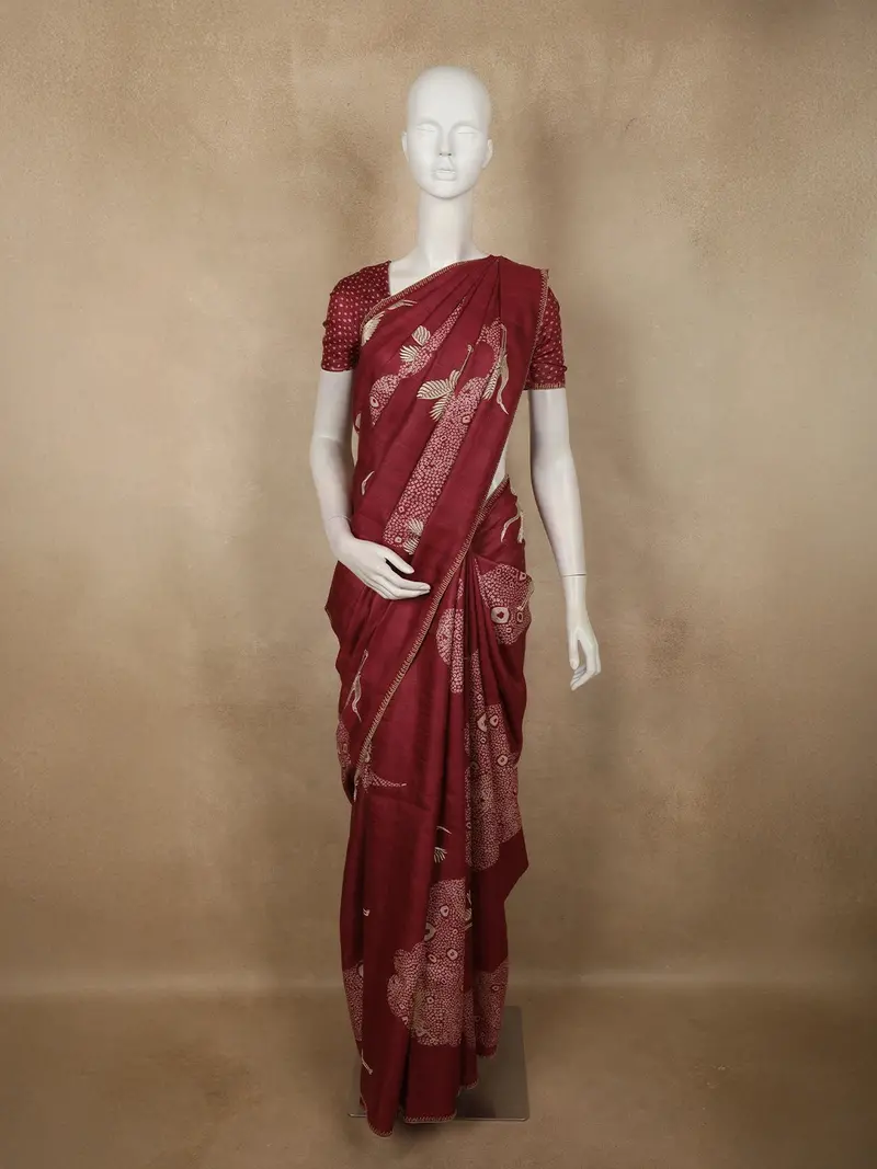 Deep Maroon Birds Motif Printed Design Pure Tussar Saree 1