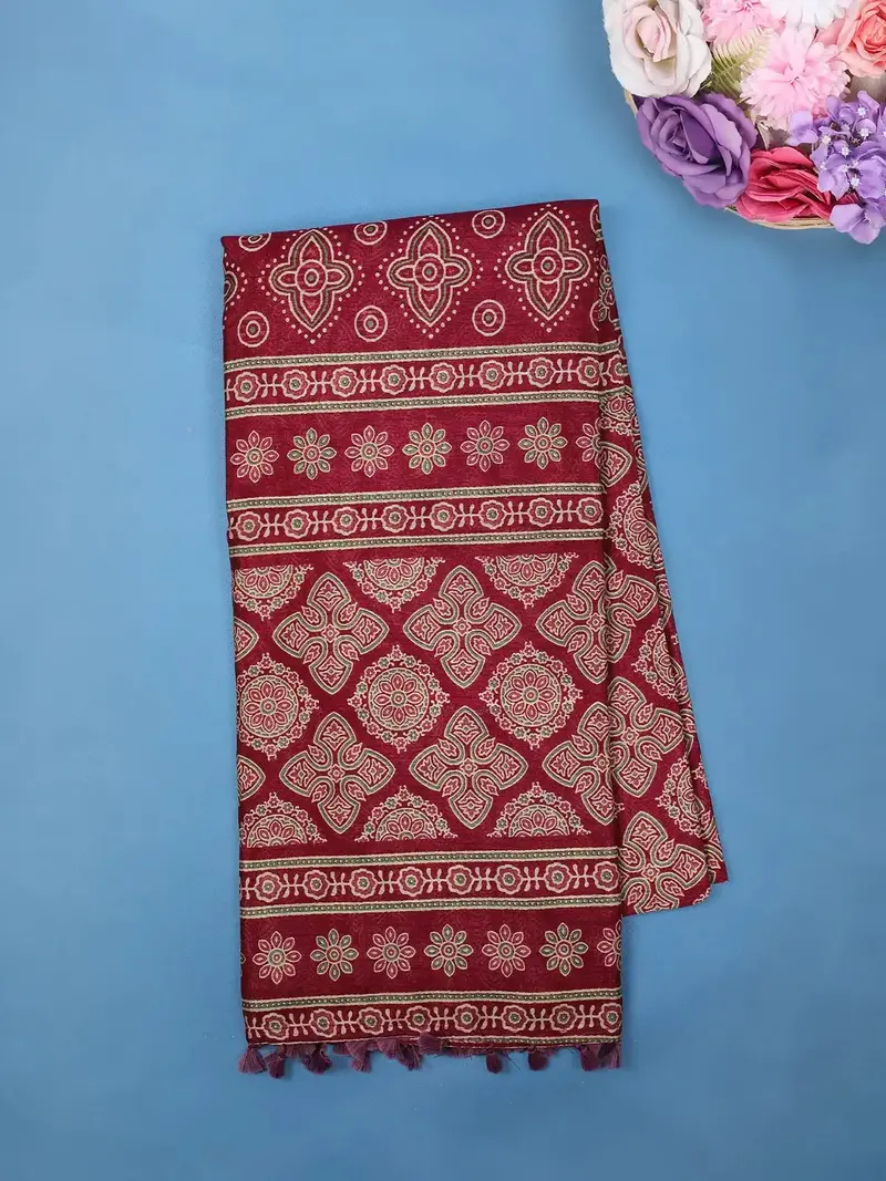 Deep Maroon Classic Ajrakh Pattern Printed Cotton Saree 1