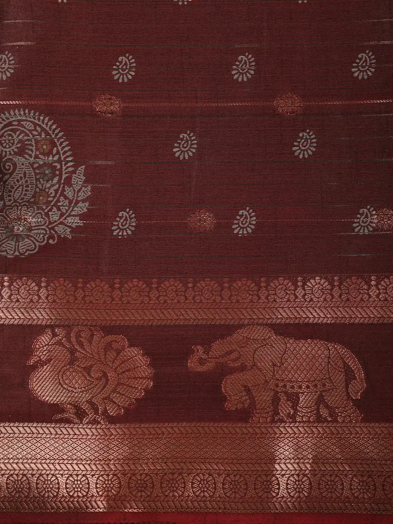 Deep Maroon Floral And Paisley Motif Woven Design Crepe Saree With Zari Border 2