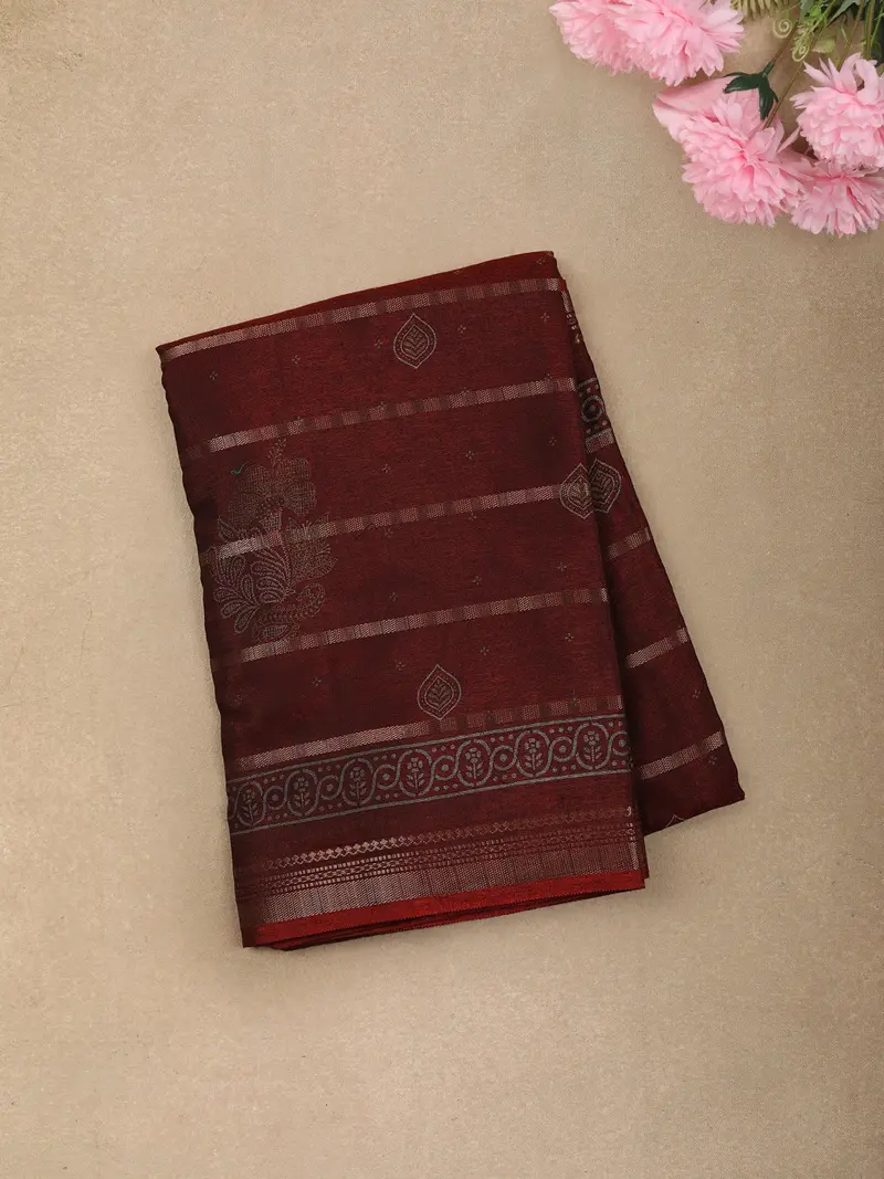 Deep Maroon Floral And Paisley Motif Woven Design Mixed Cotton Saree 1