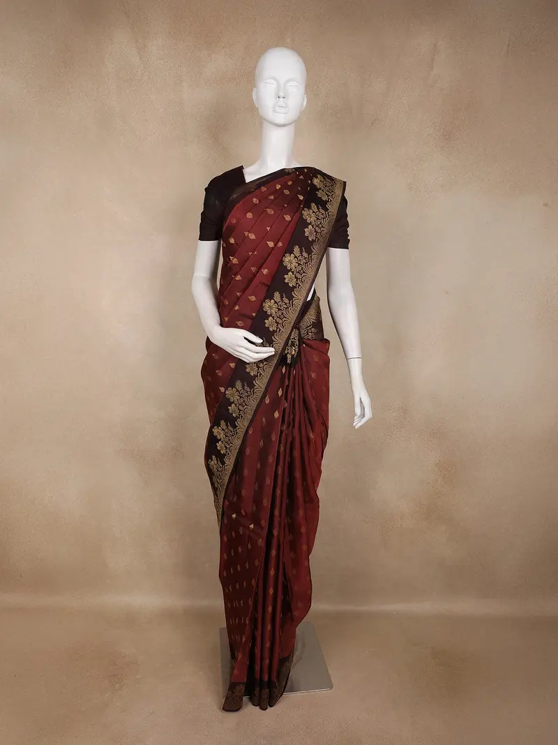 Deep Maroon Floral Butta Design Soft Silk Fancy Wear Saree With Contrast Border 1