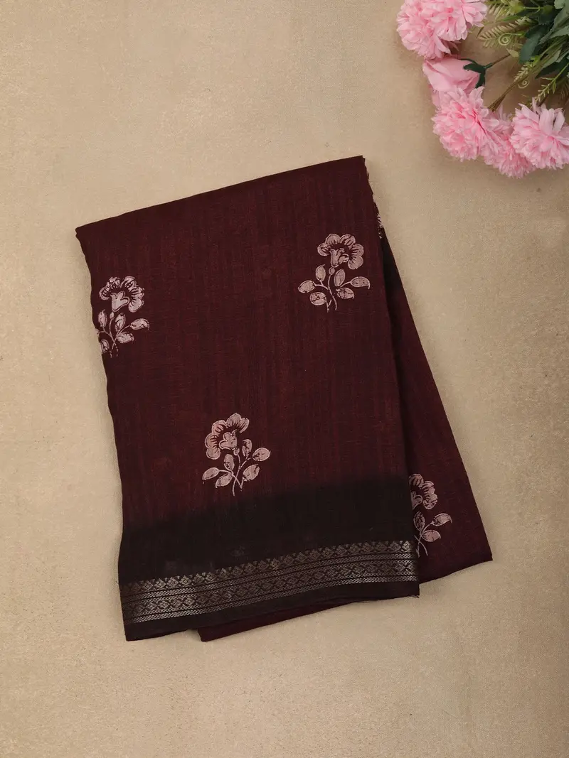 Deep Maroon Floral Butta Printed Design Crepe Casual Wear Saree 1