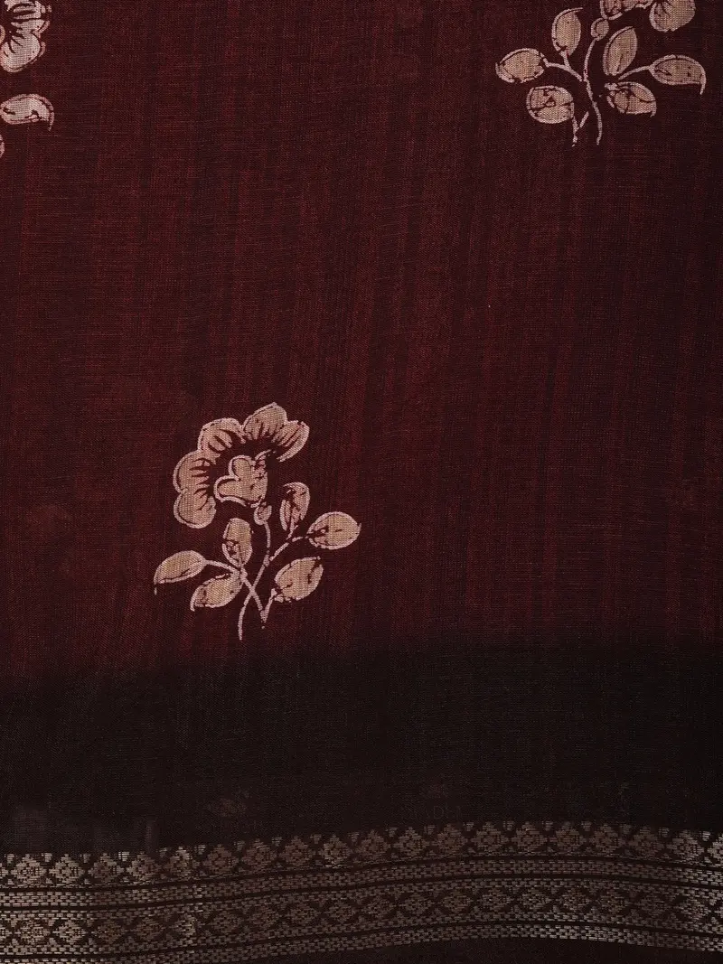 Deep Maroon Floral Butta Printed Design Crepe Casual Wear Saree 2