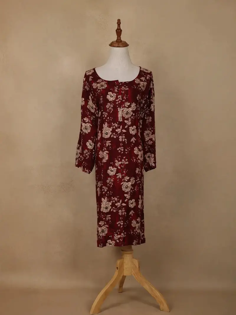 Deep Maroon Floral Design Printed Rayon Kuti 1