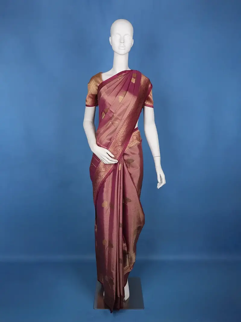 Deep Maroon Floral Designed Zari Border Soft Silk Saree 1