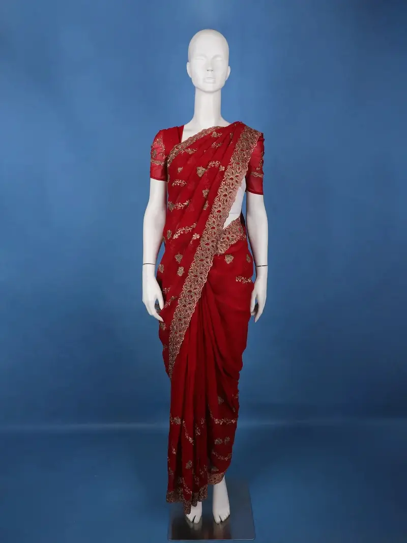 Deep Maroon Floral Embroidered Chiffon Saree 1