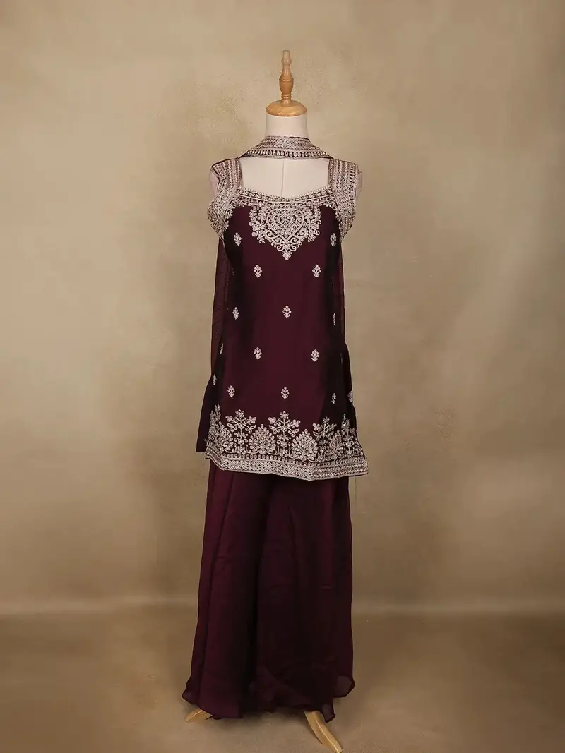 Deep Maroon Floral Embroidered Design Chiffon Palazzo Suit 1