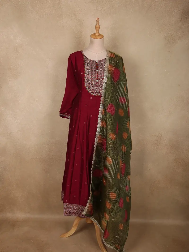 Deep Maroon Floral Embroidered Design Silk Anarkali Salwar Suit With Contrast Dupatta 1