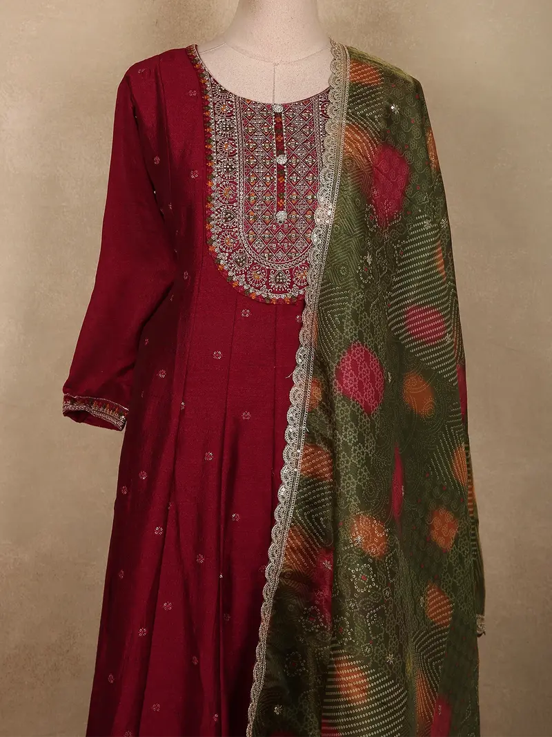 Deep Maroon Floral Embroidered Design Silk Anarkali Salwar Suit With Contrast Dupatta 2