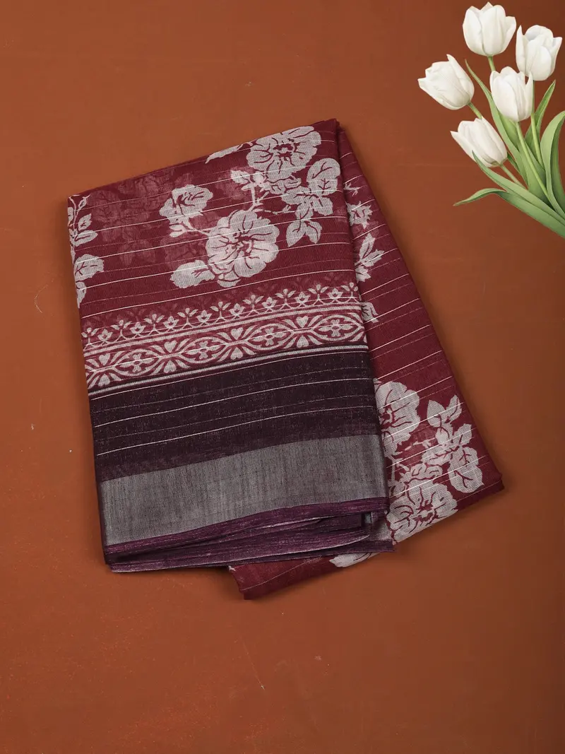 Deep Maroon Floral Printed Design Chiffon Casual Saree With Zari Border 1