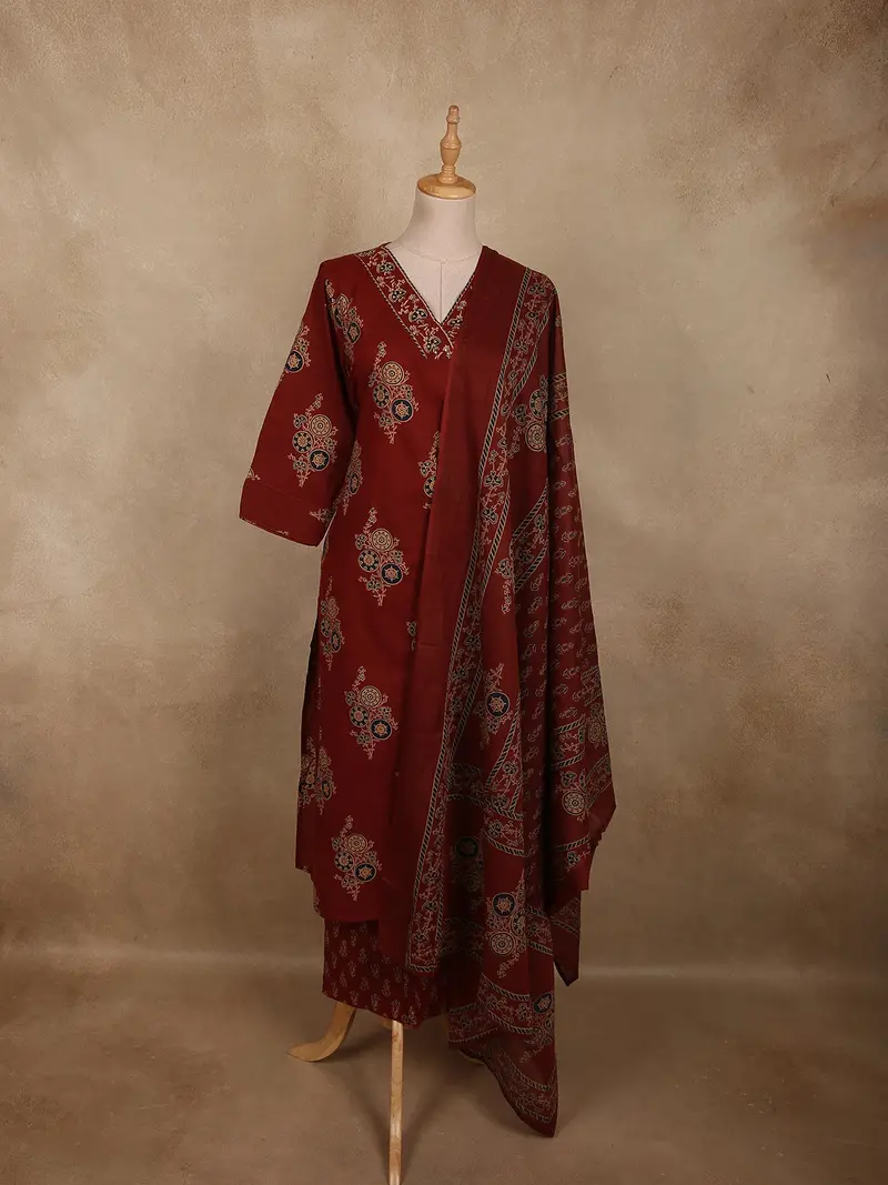 Deep Maroon Floral Printed Design Cotton Salwar Suit With Dupatta 1