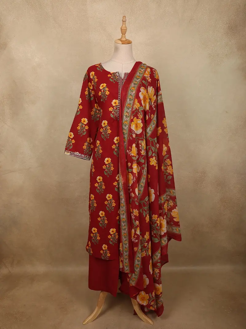 Deep Maroon Floral Printed Design Cotton Salwar Suit With Dupatta 1
