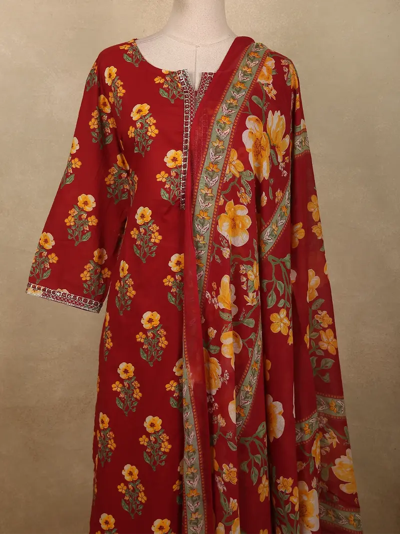 Deep Maroon Floral Printed Design Cotton Salwar Suit With Dupatta 2