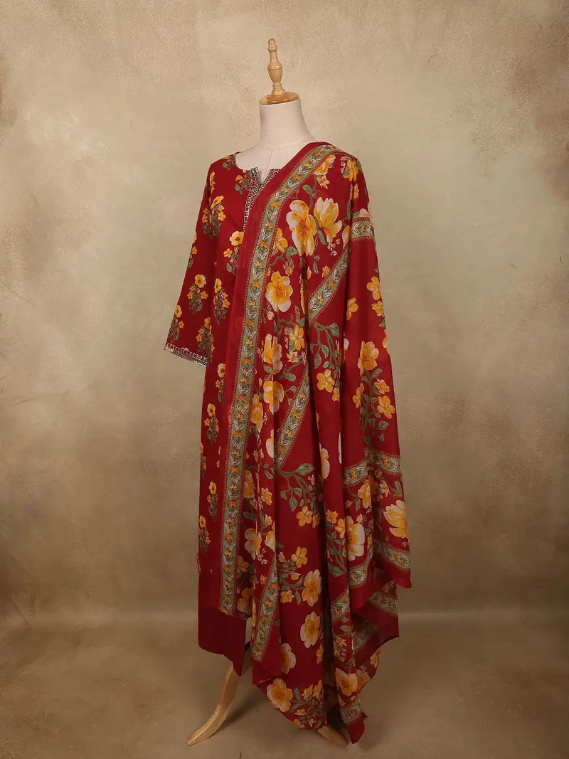 Deep Maroon Floral Printed Design Cotton Salwar Suit With Dupatta 3