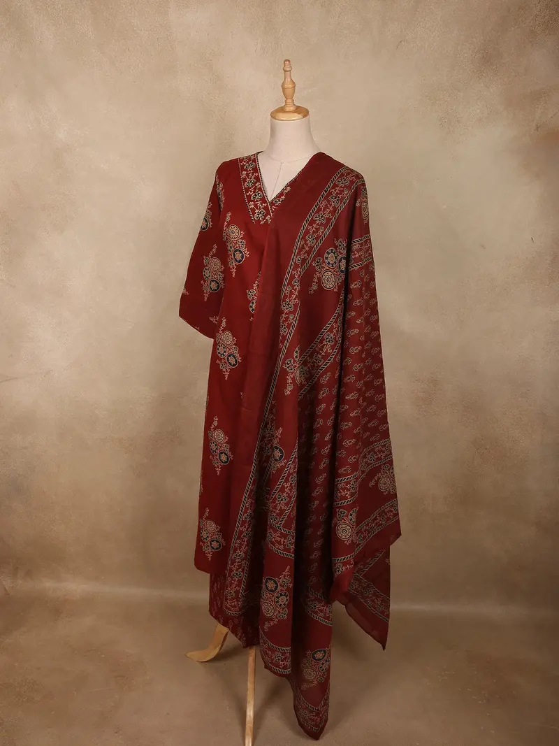 Deep Maroon Floral Printed Design Cotton Salwar Suit With Dupatta 4