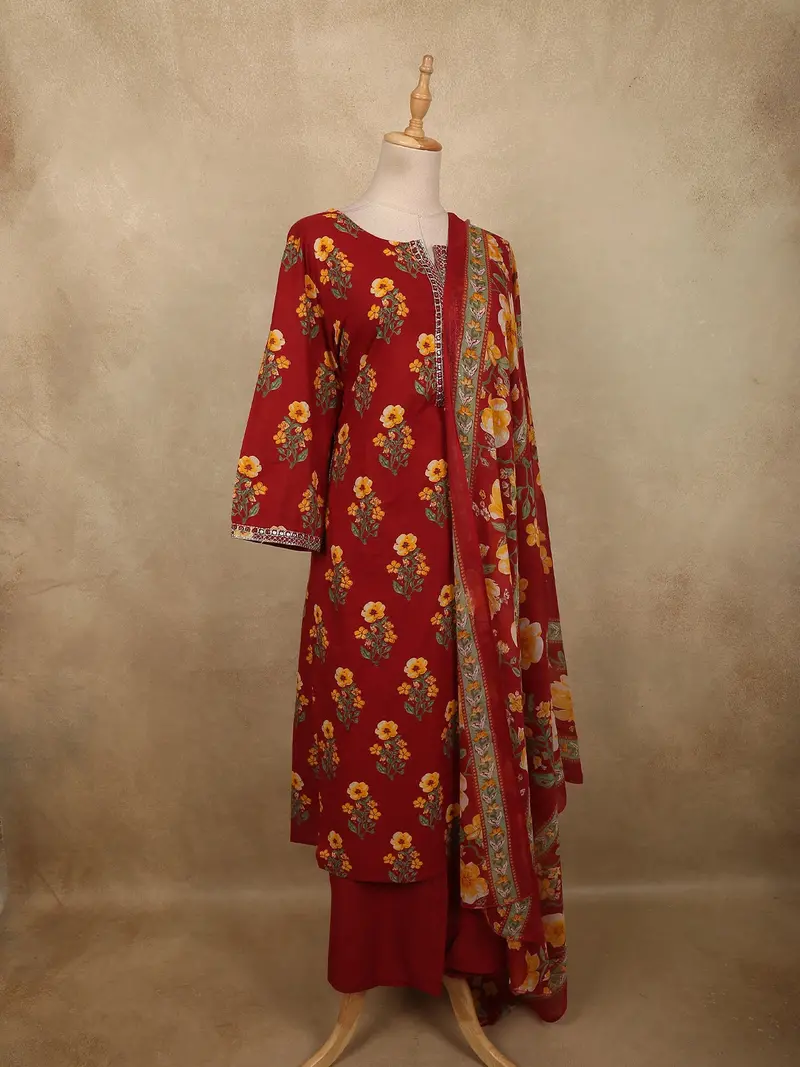Deep Maroon Floral Printed Design Cotton Salwar Suit With Dupatta 4