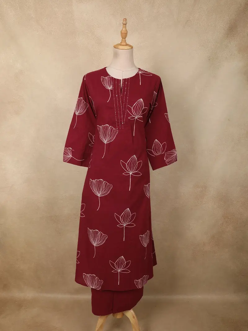 Deep Maroon Floral Printed Design Cotton Straight Cut Salwar Suit 1