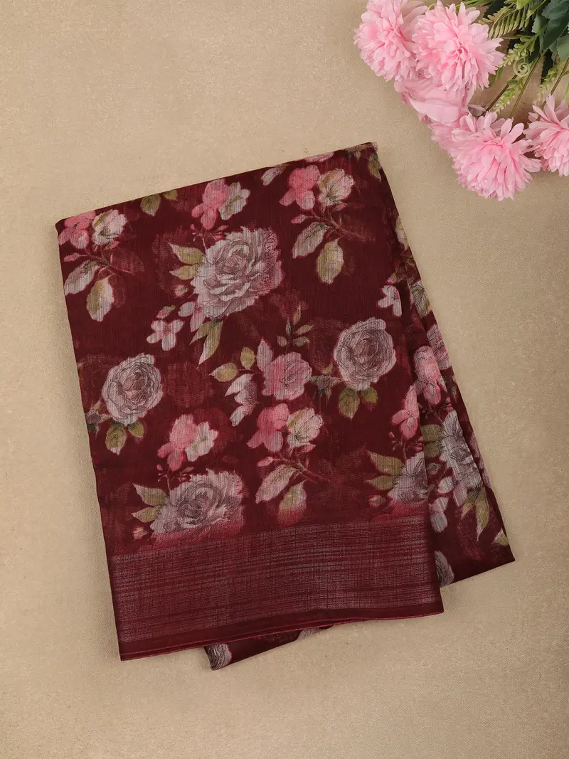 Deep Maroon Floral Printed Design Linen Cotton Casual Wear Saree 1