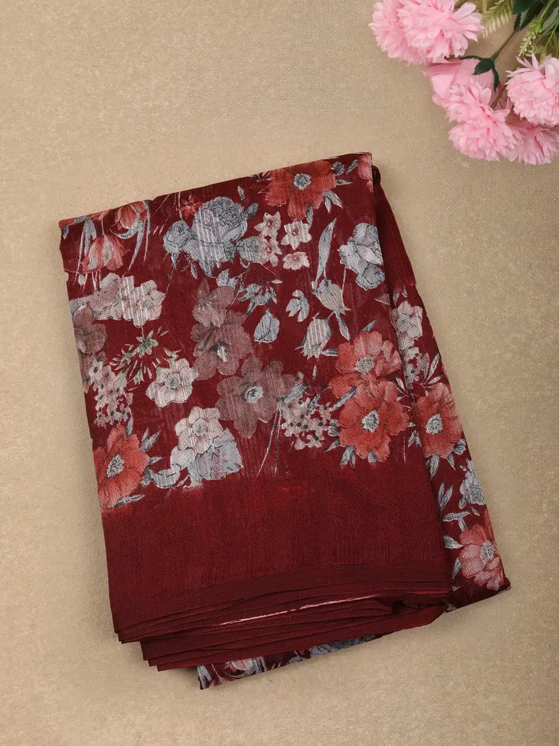 Deep Maroon Floral Printed Design Mixed Cotton Casual Wear Saree 1