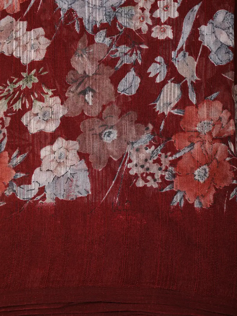 Deep Maroon Floral Printed Design Mixed Cotton Casual Wear Saree 2