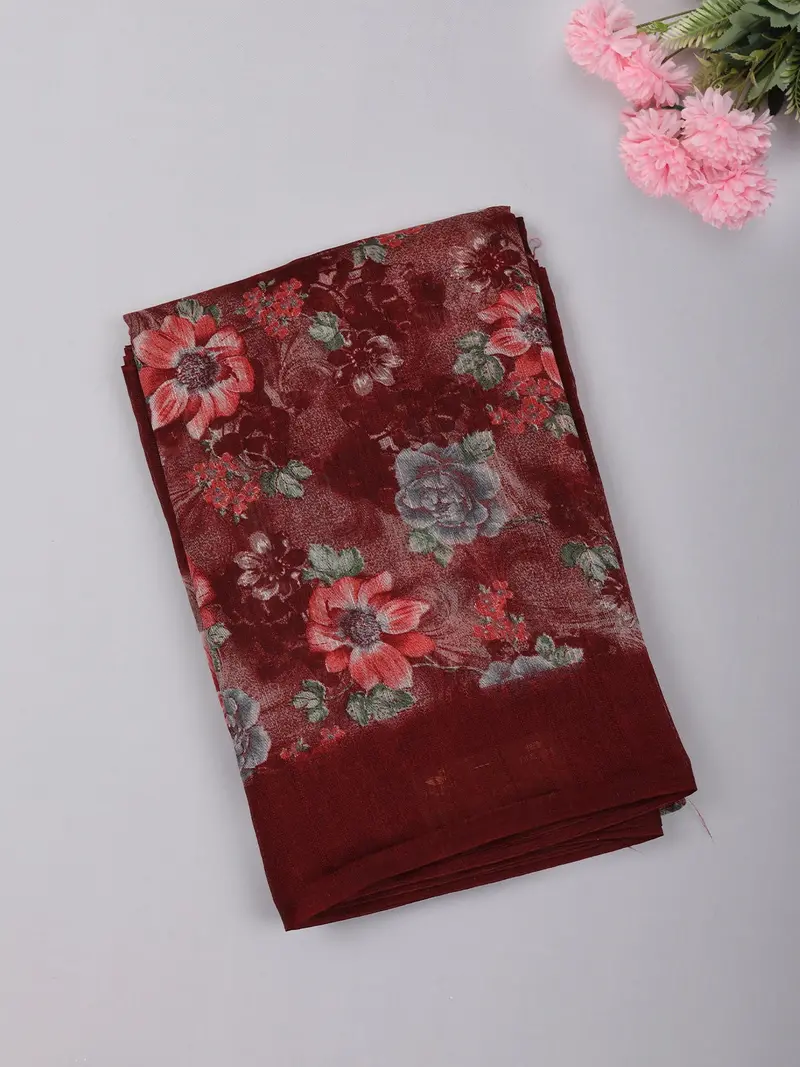 Deep Maroon Floral Printed Design Mixed Cotton Saree 1
