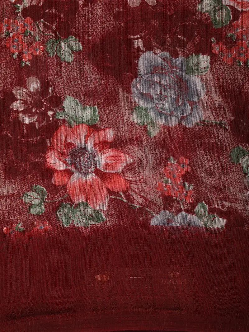 Deep Maroon Floral Printed Design Mixed Cotton Saree 2