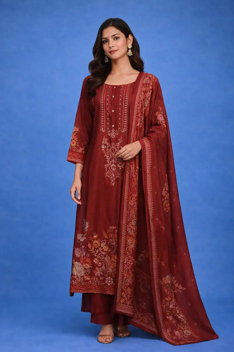Deep Maroon Floral Printed Rayon Salwar Suit 1