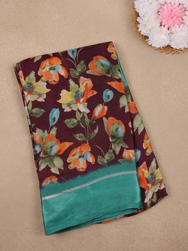 Deep Maroon Floral Prints Fancy Georgette Saree 1