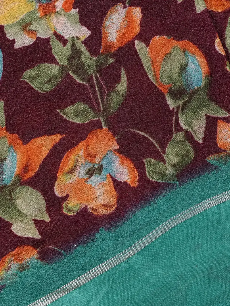Deep Maroon Floral Prints Fancy Georgette Saree 2
