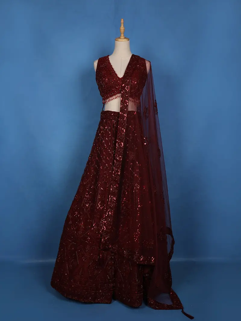 Deep Maroon Floral Sequins Embroidered Net Lehenga Set 1