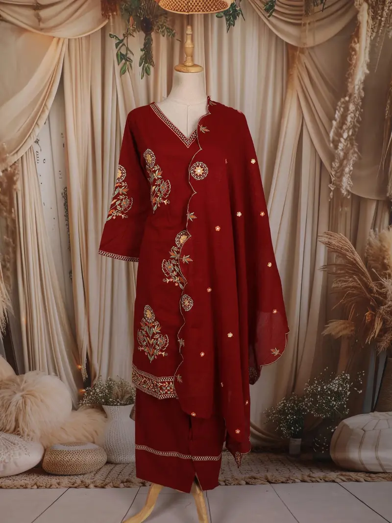 Deep Maroon Floral Thread Embroidered Design Cotton Salwar Suit With Dupatta 1