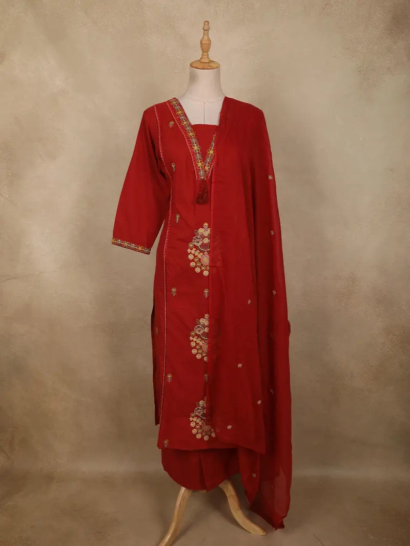 Deep Maroon Floral Thread Embroidered Design Cotton Straight Cut Salwar Suit With Dupatta 1