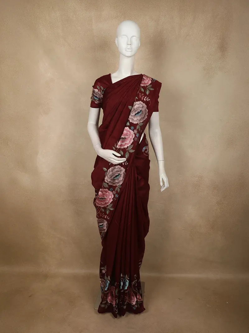 Deep Maroon Floral Thread Embroidered Design Pure Tussar Saree 1