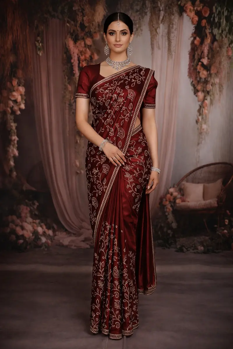 Deep Maroon Floral Vine Stone Embellished Design Satin Fancy Saree With Designer Border 1